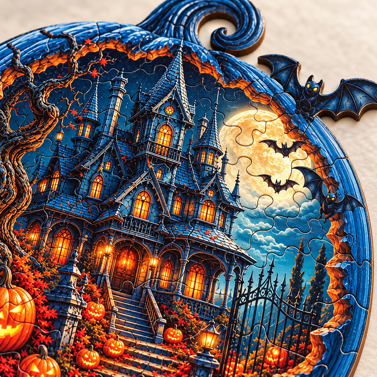 Haunted Harvest Manor Wooden Jigsaw Puzzle – Moonlit Halloween Scene