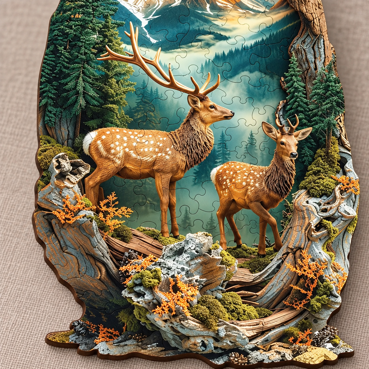 Alpine Deer Retreat Wooden Jigsaw Puzzle – Mountain Sunset & Woodland Wildlife