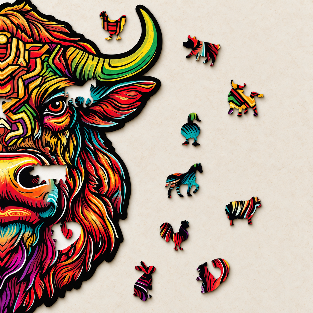Blazing Spirit Bull Wooden Jigsaw Puzzle – Vibrant Animal Portrait