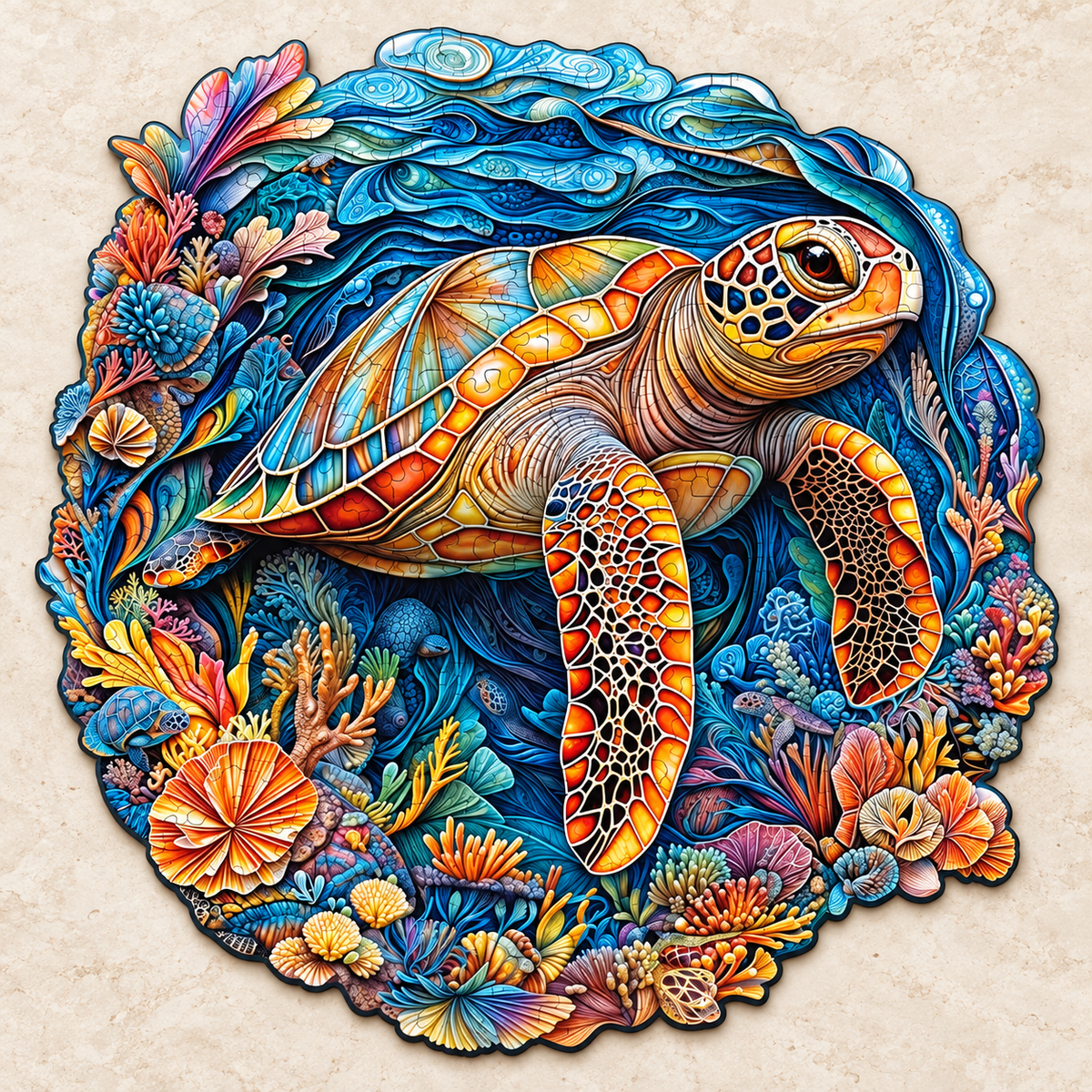 Coral Current Sea Turtle Wooden Jigsaw Puzzle – Colorful Ocean Art
