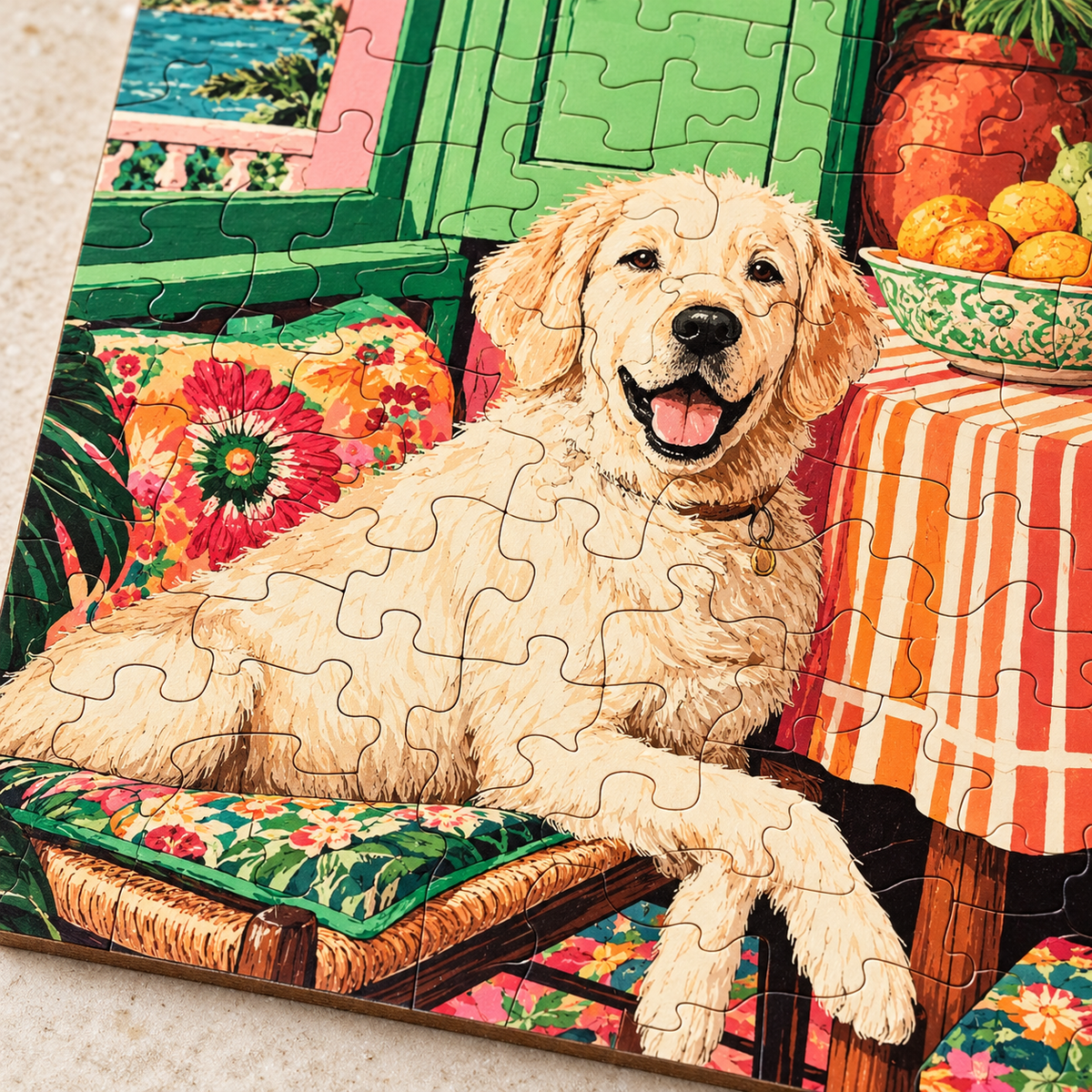 Coastal Golden Retreat Wooden Jigsaw Puzzle – Retriever & Colorful Seaside Room
