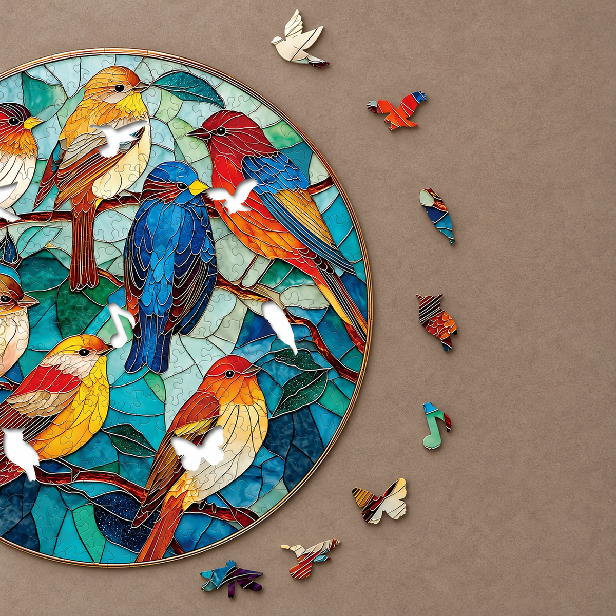 Songbirds in Color Wooden Jigsaw Puzzle – Round Stained Glass Style Bird Art