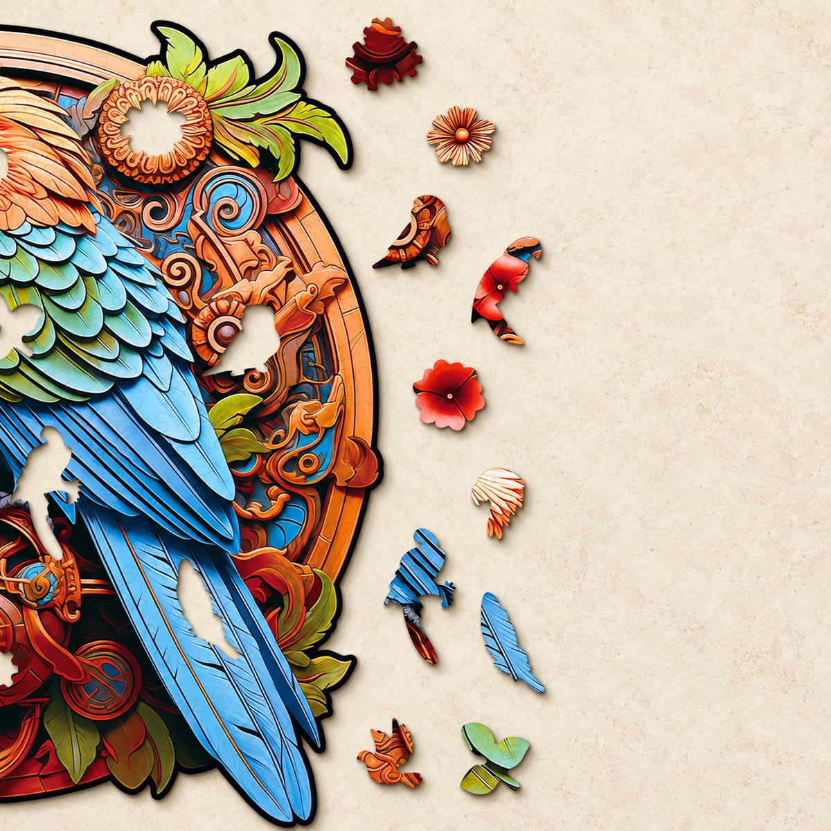 Clockwork Wings Wooden Jigsaw Puzzle – Colorful Parrot & Ornate Gear Art