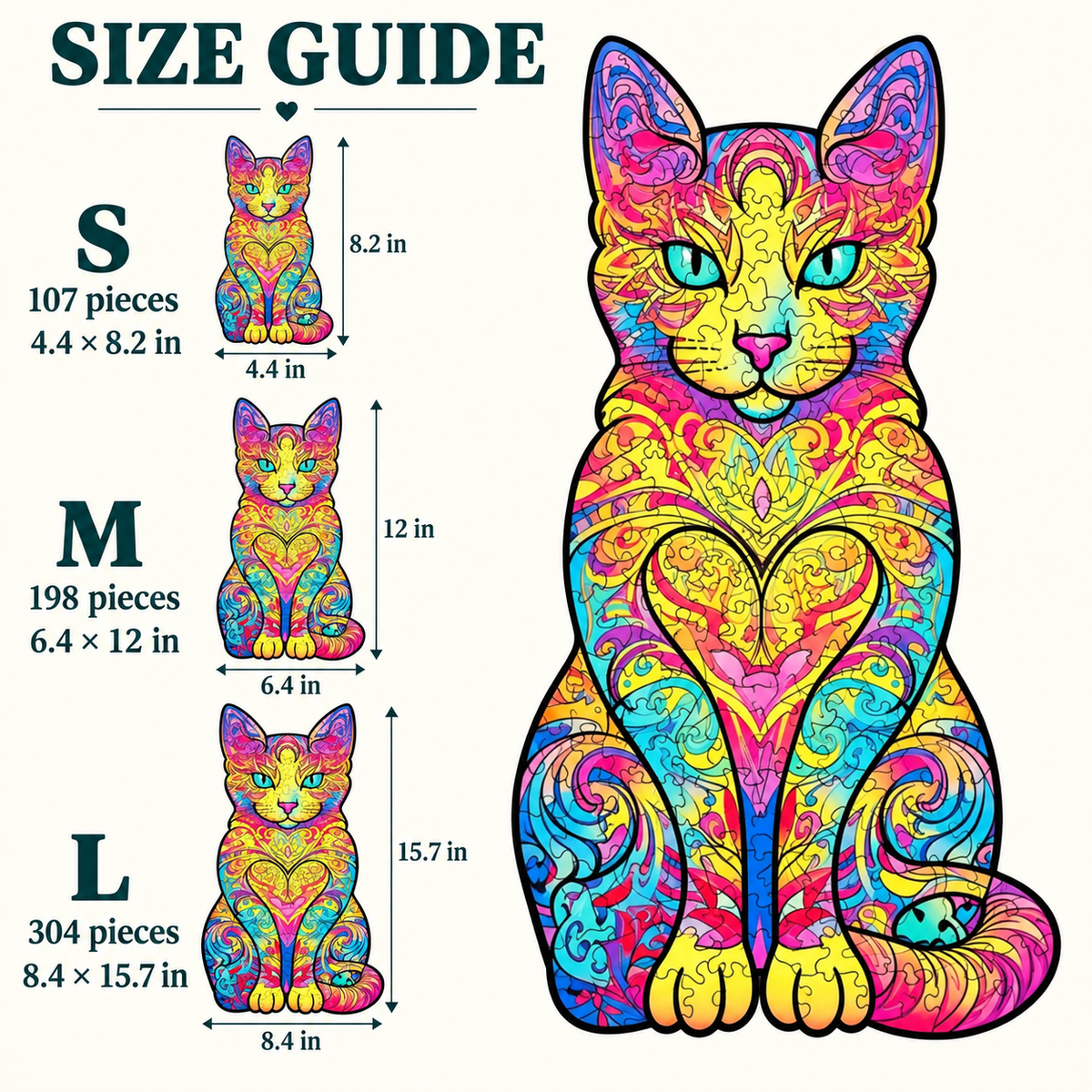 Rainbow Heart Cat Wooden Jigsaw Puzzle – Colorful Feline Art
