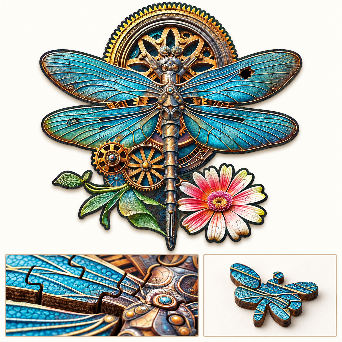 Steampunk Dragonfly Wooden Jigsaw Puzzle – Turquoise Wings & Vintage Gears