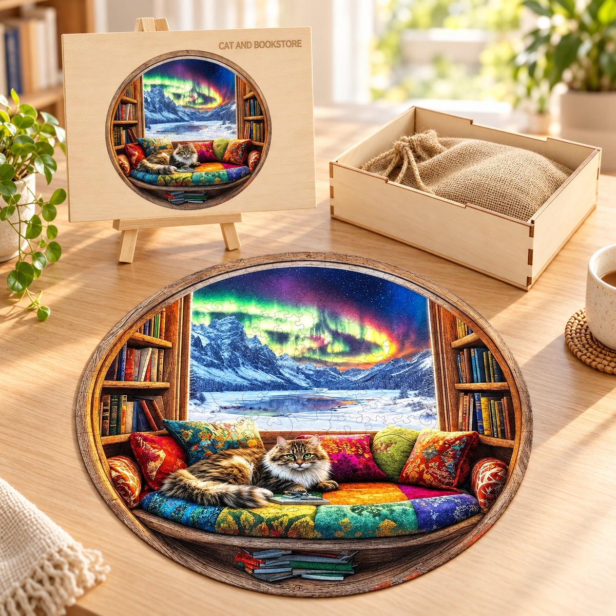 Aurora Reading Nook Wooden Jigsaw Puzzle – Cozy Cat & Bookshelf Scene