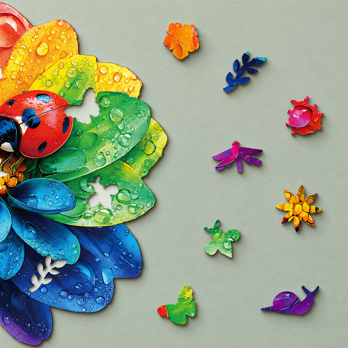 Dewdrop Rainbow Flower Wooden Jigsaw Puzzle – Colorful Ladybug Garden Art