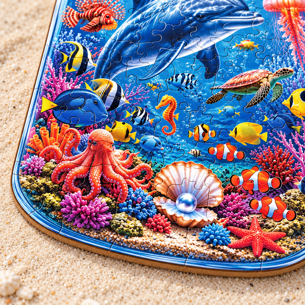 Ocean Treasures in a Jar Wooden Jigsaw Puzzle – Dolphin & Coral Reef Scene