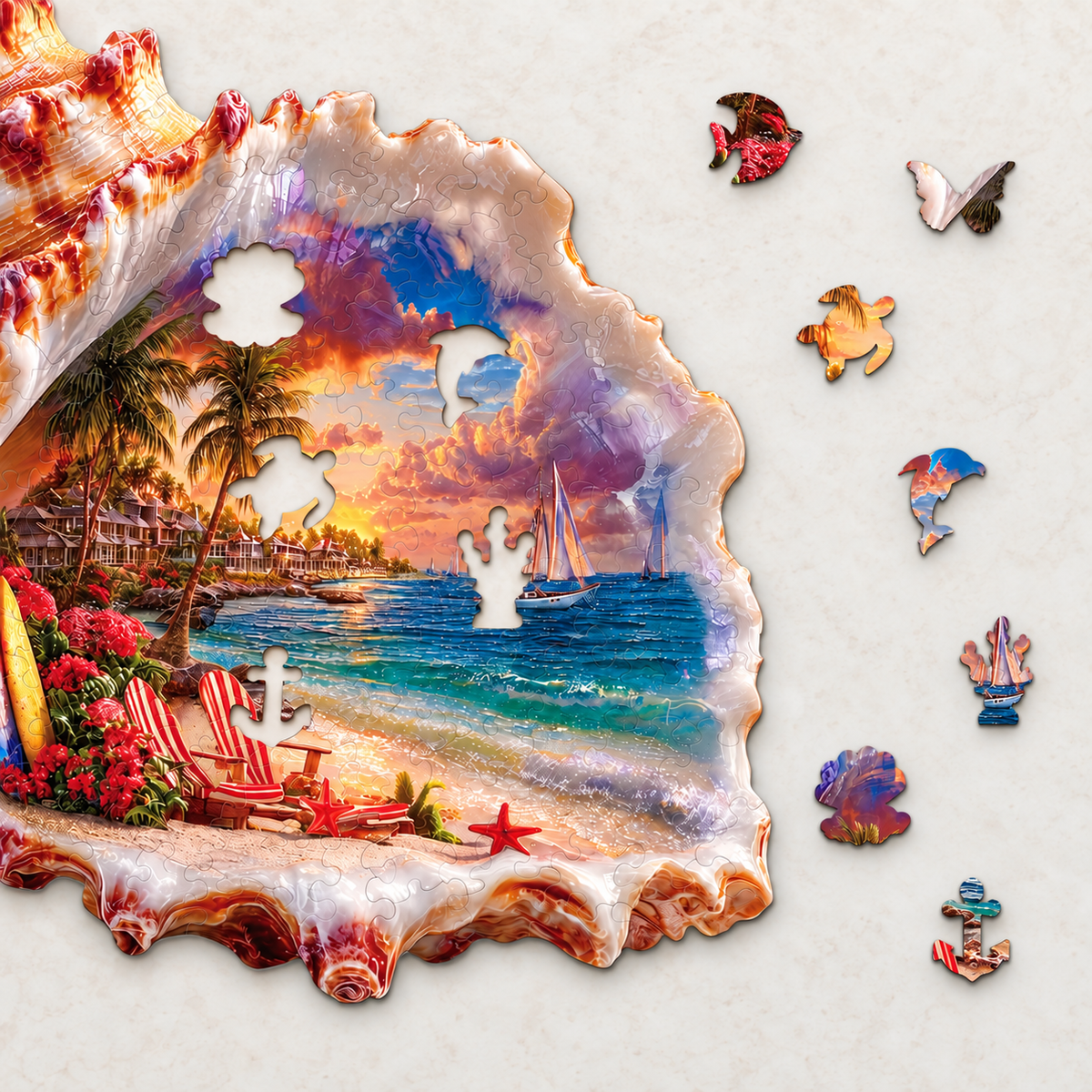 Seashell Sunset Escape Wooden Jigsaw Puzzle – Tropical Beach & Sailboat Scene
