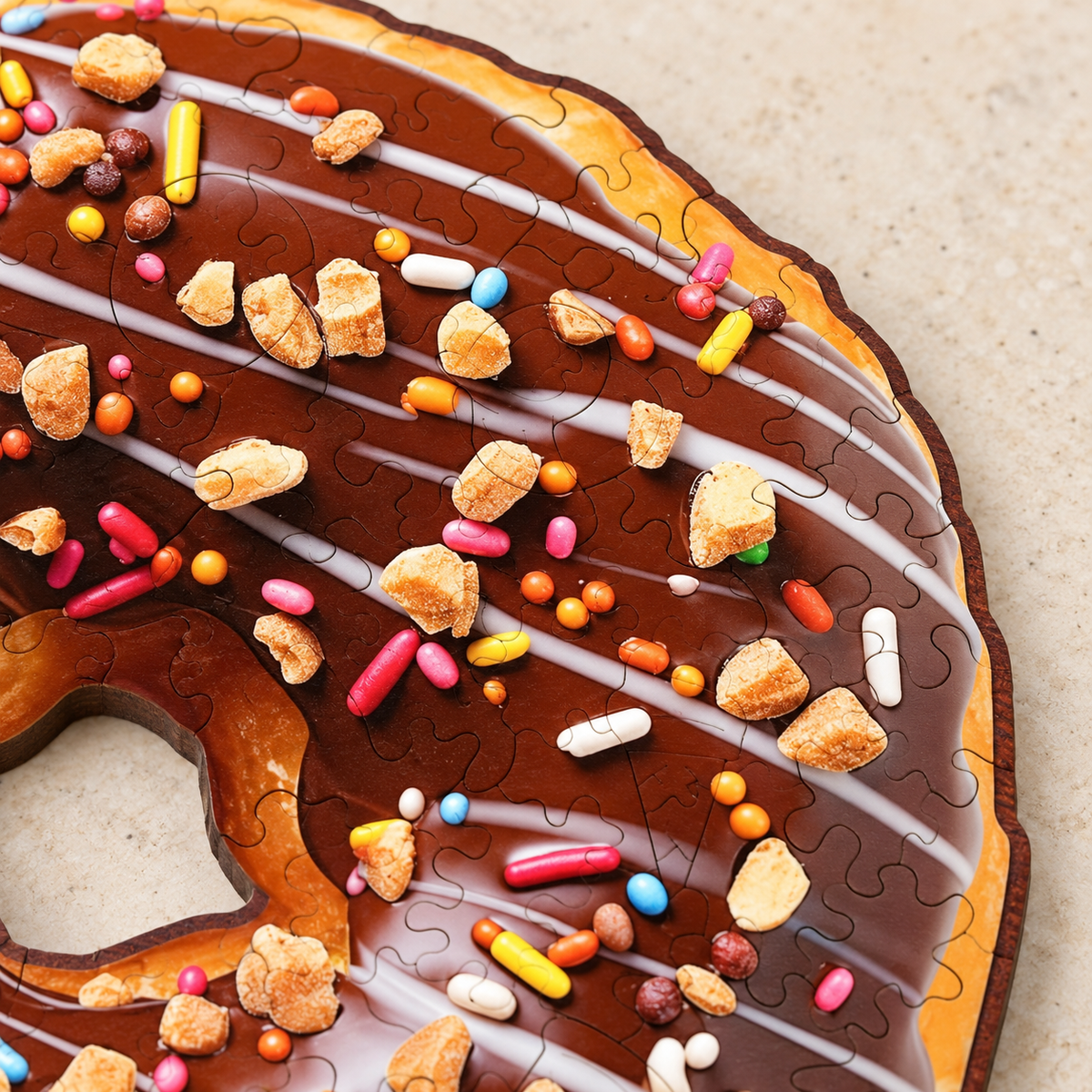 Chocolate Sprinkle Delight Wooden Jigsaw Puzzle – Donut Shaped Food Art