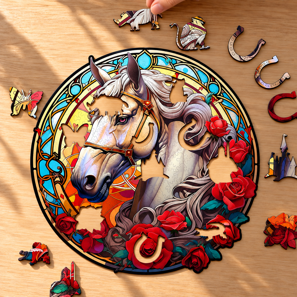 White Horse & Red Roses Wooden Jigsaw Puzzle – Stained Glass Style Portrait