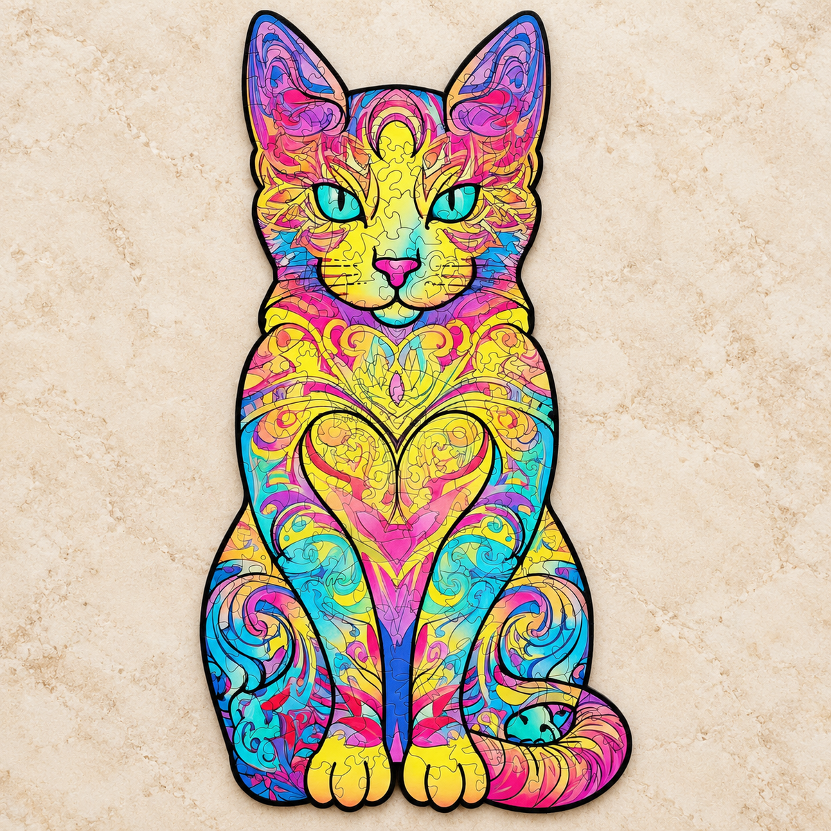 Rainbow Heart Cat Wooden Jigsaw Puzzle – Colorful Feline Art