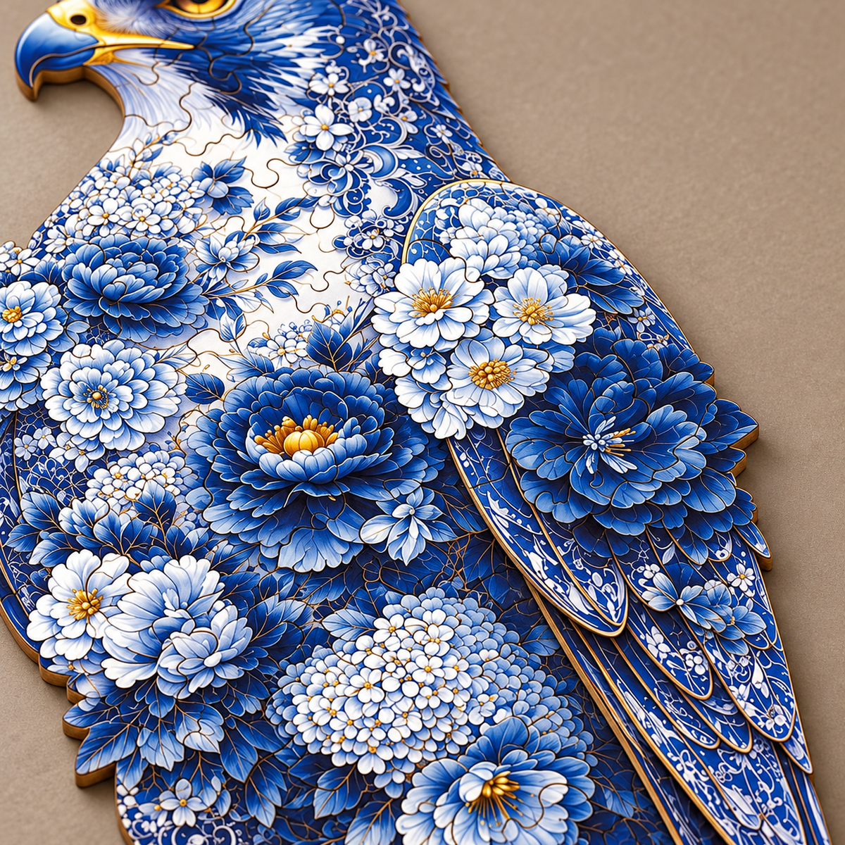 Cobalt Floral Eagle Wooden Jigsaw Puzzle – Blue & White Botanical Art