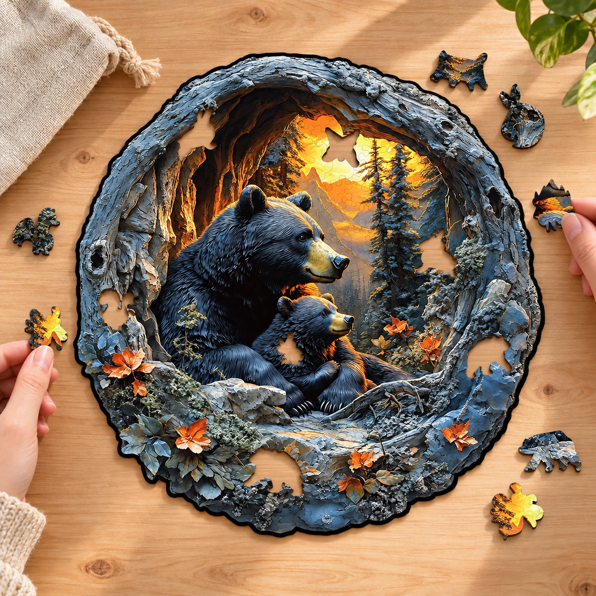 Mother Bear & Cub Wooden Jigsaw Puzzle with 3D Effect Woodland Art