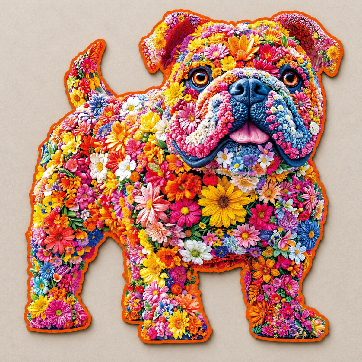 Floral Bulldog Wooden Jigsaw Puzzle – Colorful Dog-Shaped Puzzle