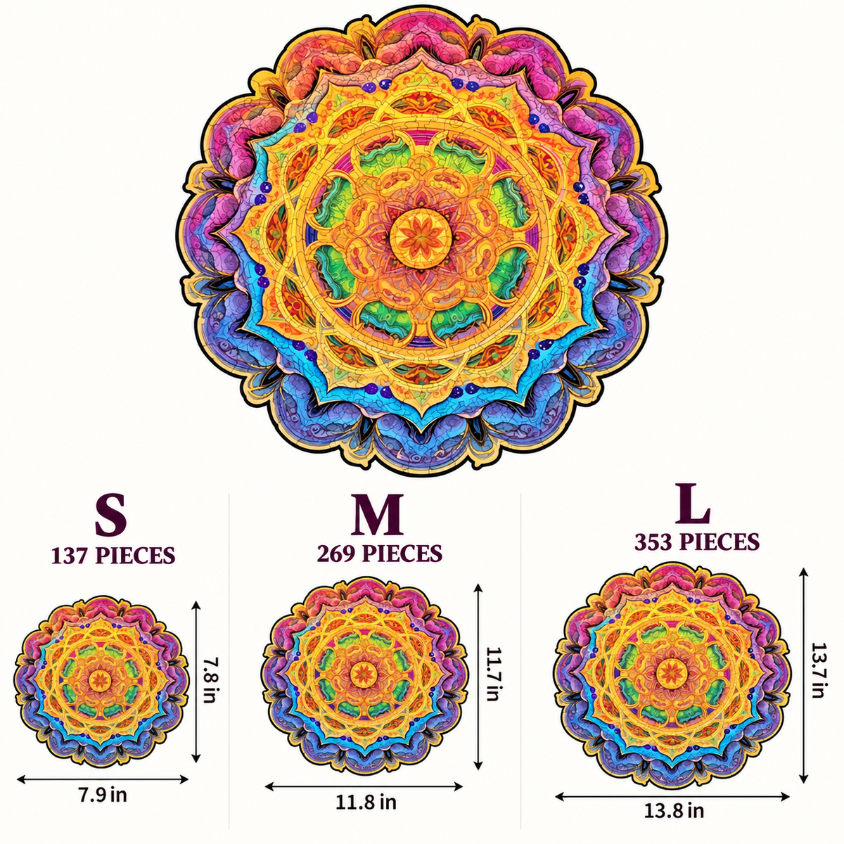 Radiant Lotus Mandala Wooden Jigsaw Puzzle – Colorful Geometric Art