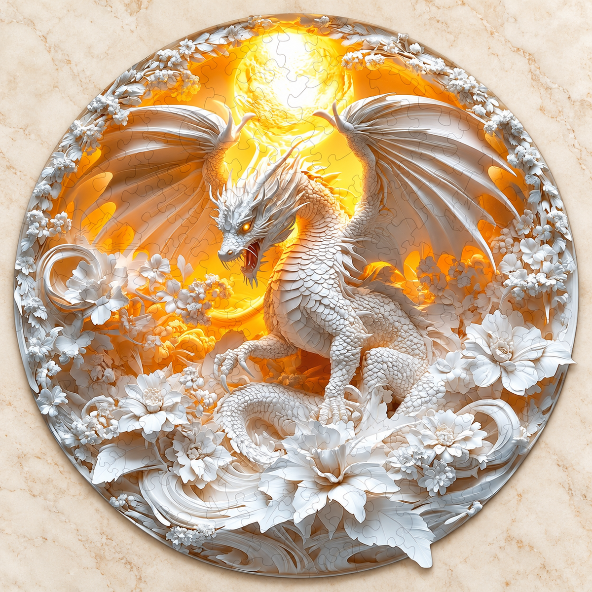 Moonlit Dragon Garden Wooden Jigsaw Puzzle – White Dragon & Floral Fantasy Art