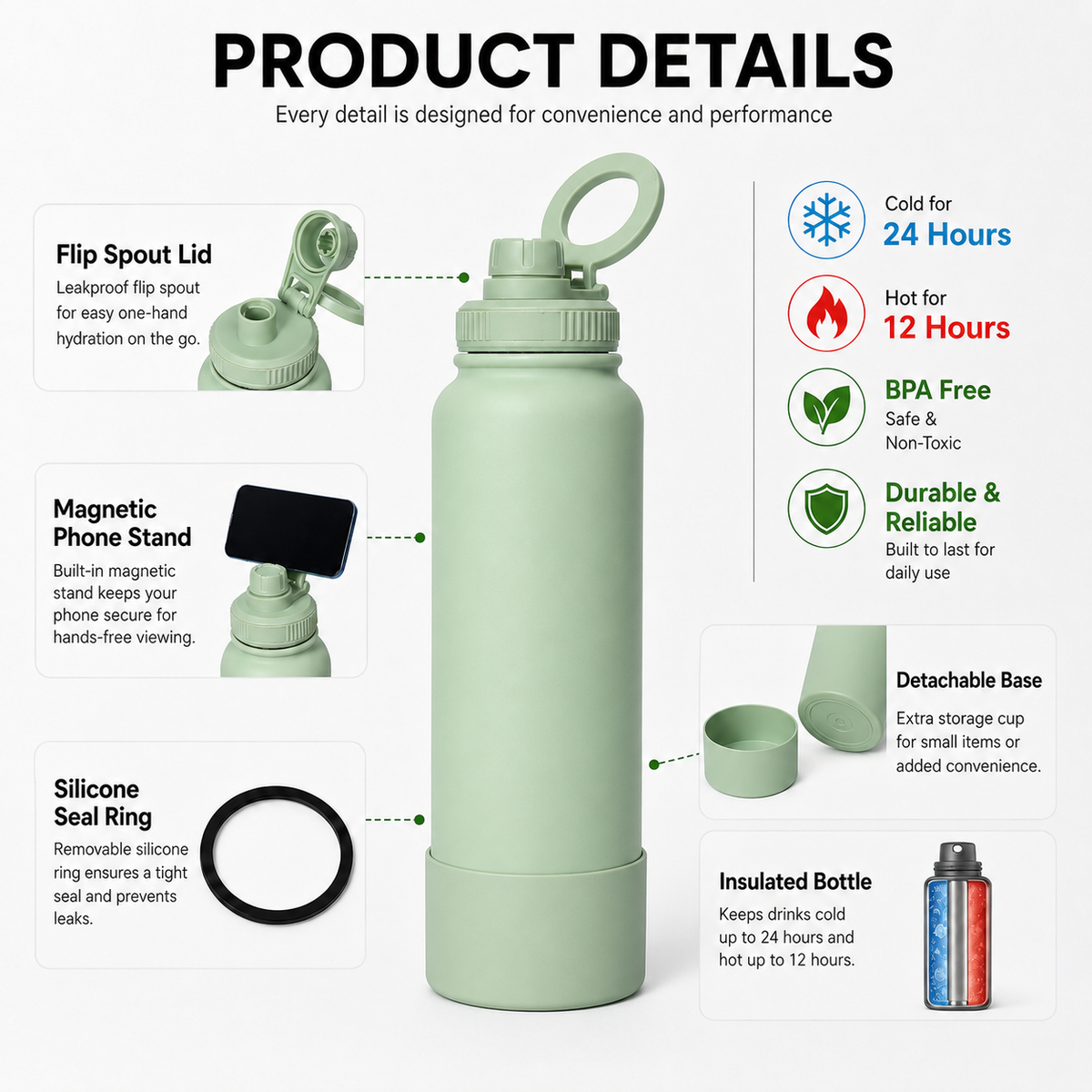 800ml Insulated Sports Bottle With Phone Holder Lid
