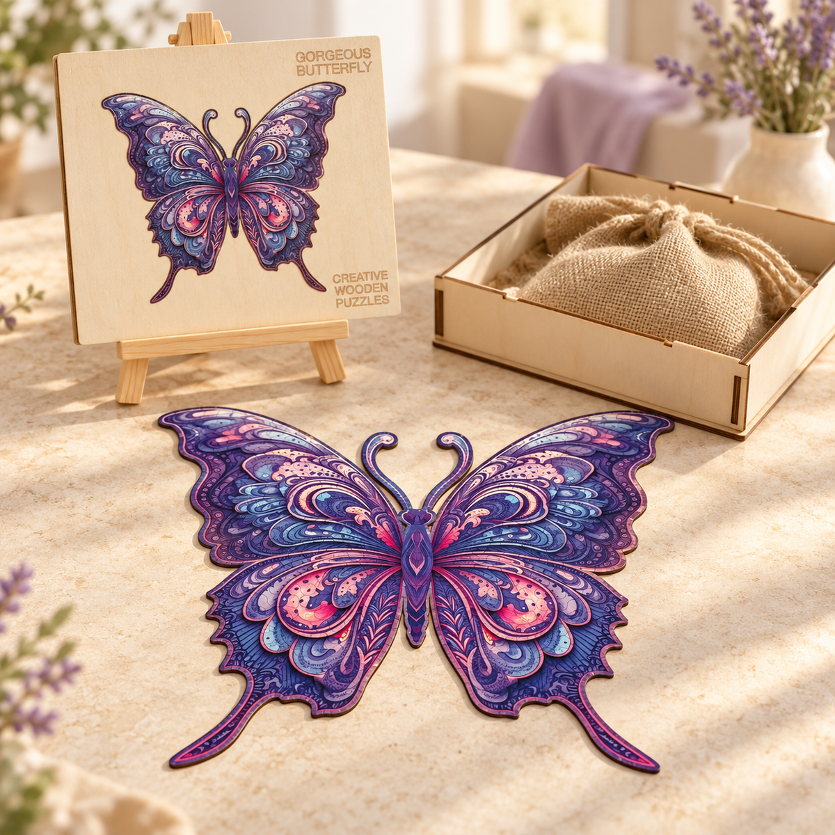 Violet Reverie Wooden Jigsaw Puzzle – Ornate Butterfly & Paisley Wing Art