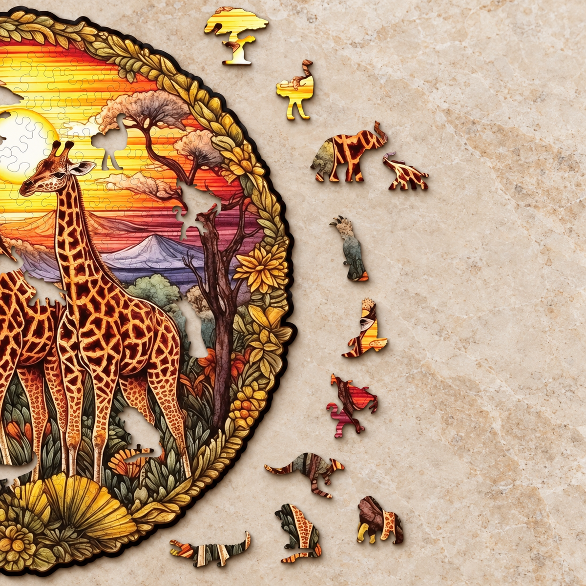 Savanna Sunset Giraffe Family Wooden Jigsaw Puzzle