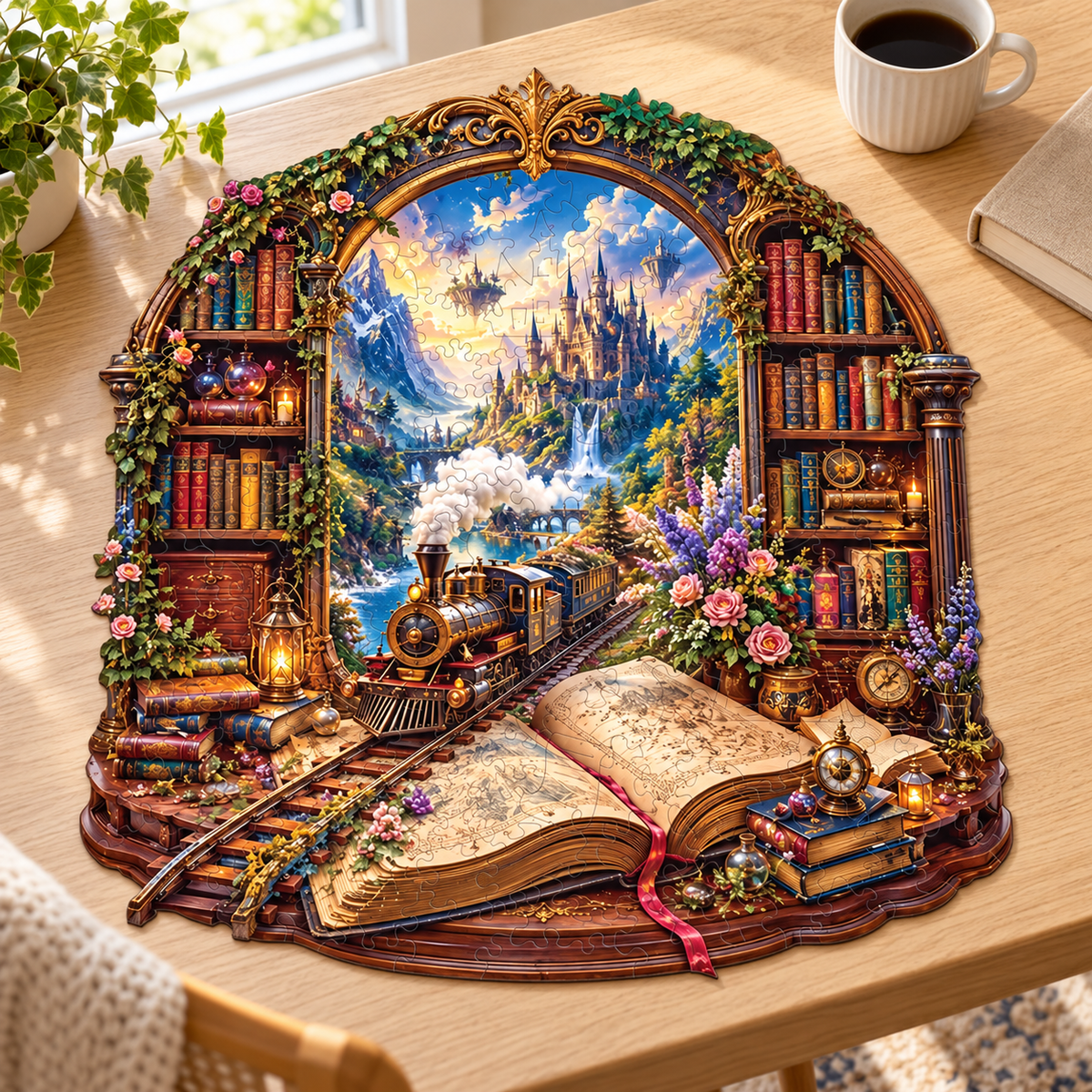 Enchanted Library Express Wooden Jigsaw Puzzle – Fantasy Castle & Steam Train