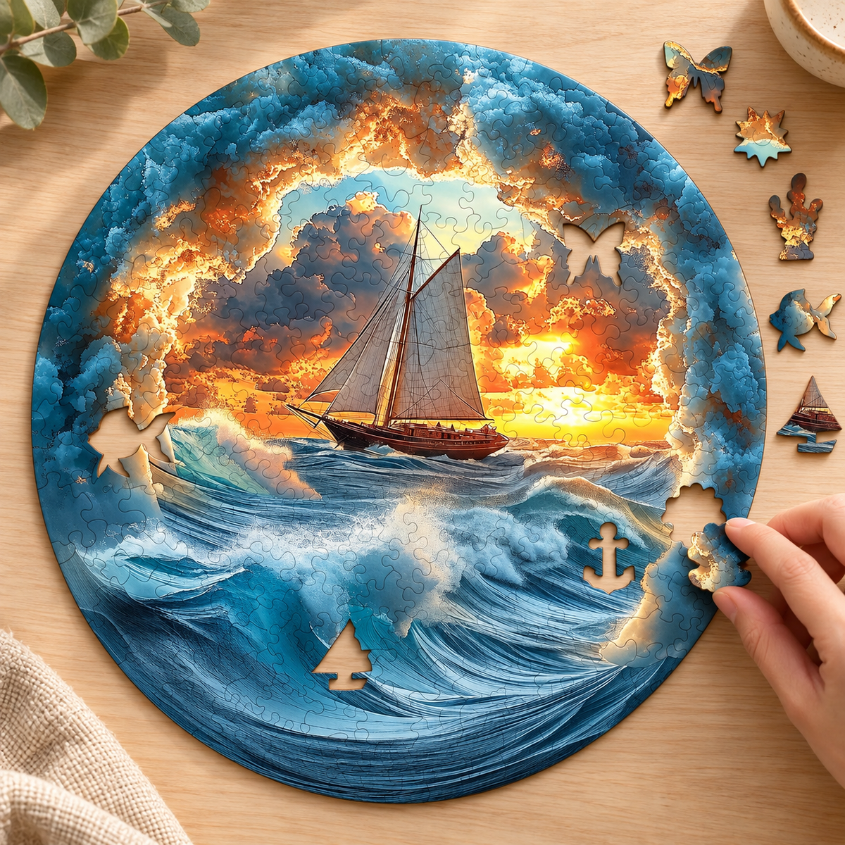 Sunset Voyage Round Wooden Jigsaw Puzzle