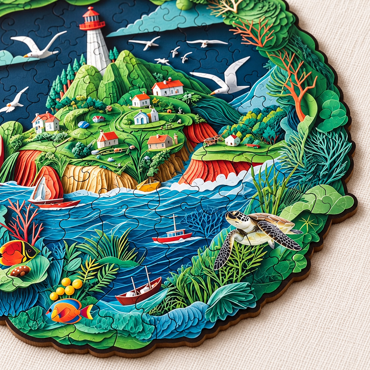 Lighthouse Cove Wooden Jigsaw Puzzle – Coastal Village & Ocean Wildlife
