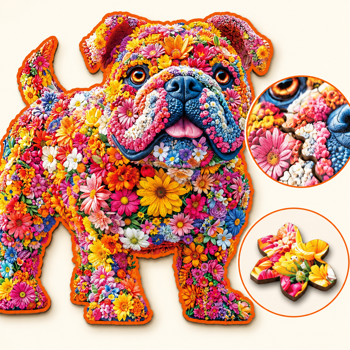 Floral Bulldog Wooden Jigsaw Puzzle – Colorful Dog-Shaped Puzzle