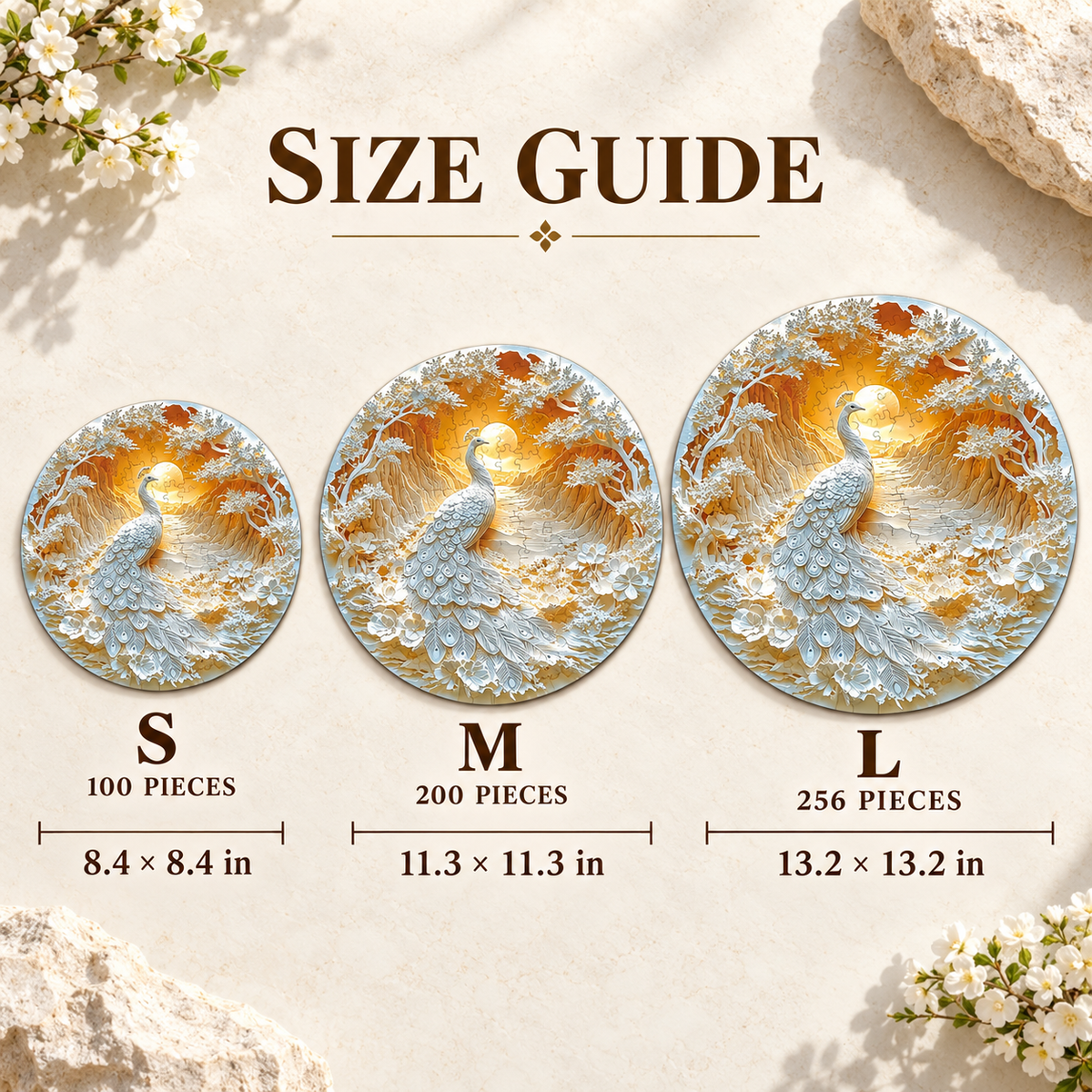 Golden Dawn Peacock Wooden Jigsaw Puzzle – White Feather & Floral Landscape Art