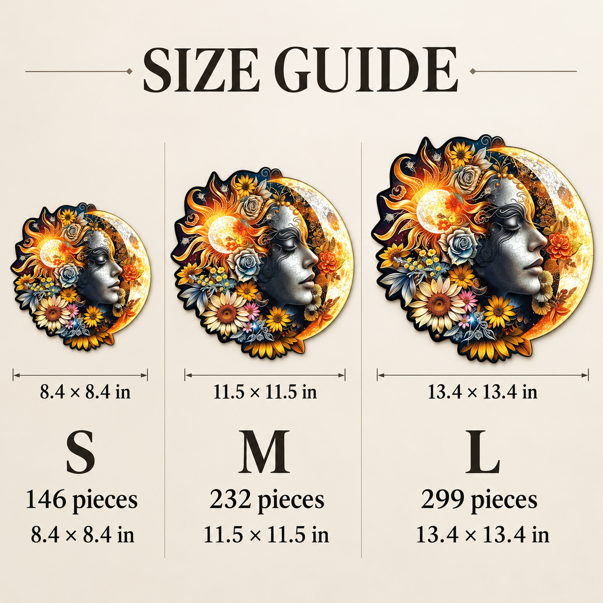 Celestial Bloom Wooden Jigsaw Puzzle – Moon Goddess, Golden Sun & Floral Art