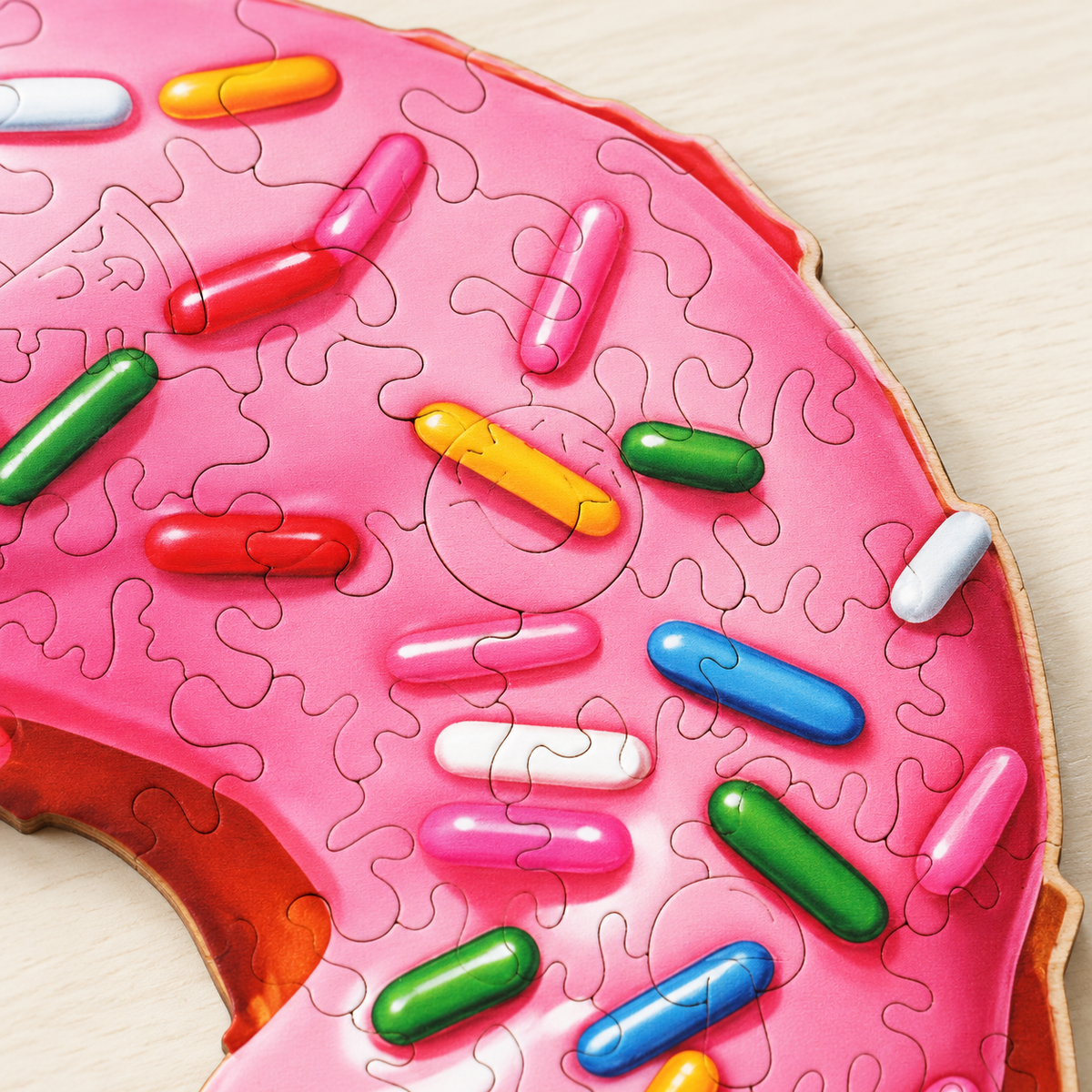 Pink Sprinkle Doughnut Wooden Jigsaw Puzzle – Sweet Treat Food Art
