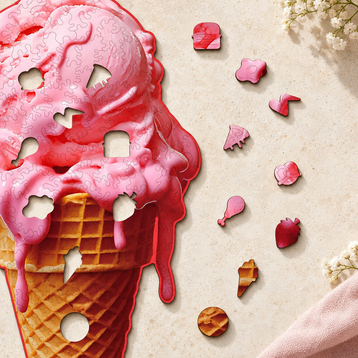 Strawberry Scoop Wooden Jigsaw Puzzle – Pink Ice Cream Cone