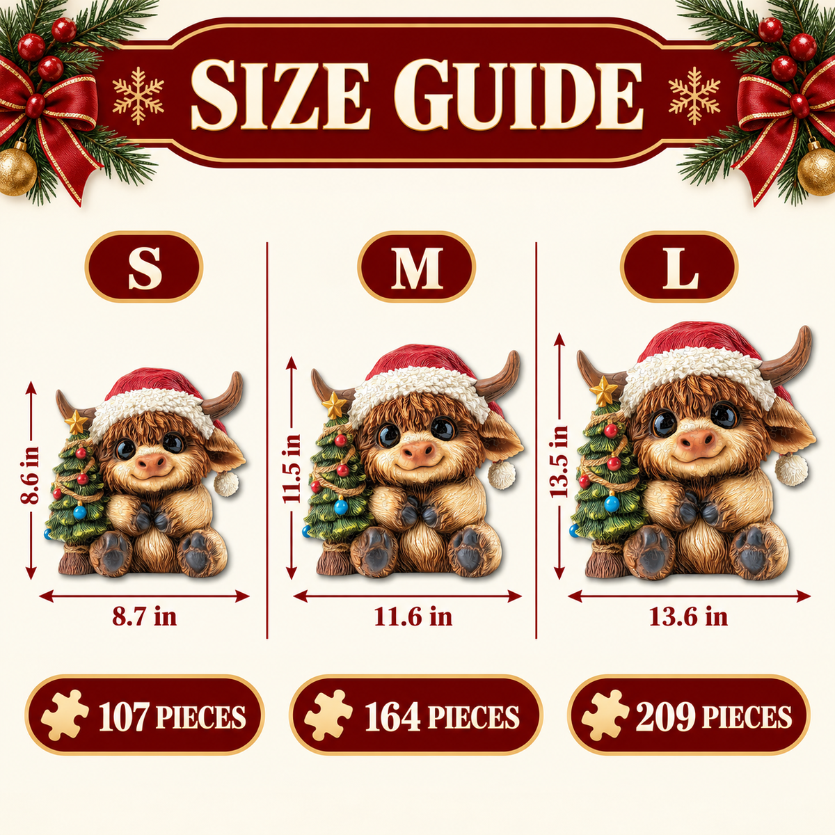 Merry Little Highland Cow Wooden Jigsaw Puzzle – Santa Hat & Christmas Tree