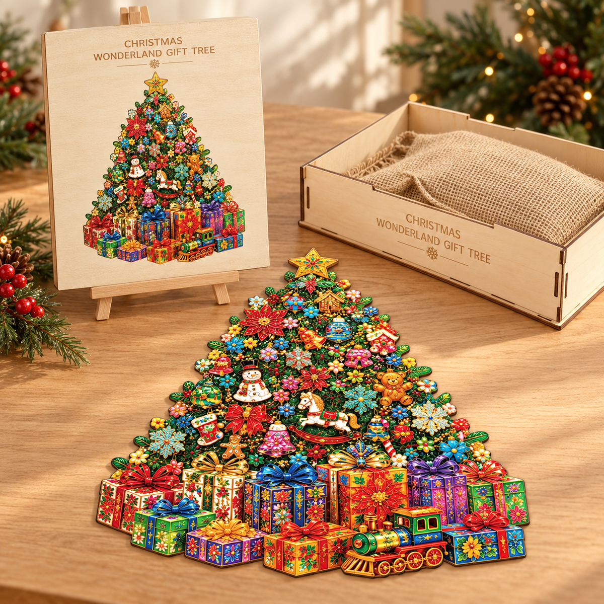Festive Treasures Wooden Jigsaw Puzzle – Christmas Tree, Ornaments & Gifts