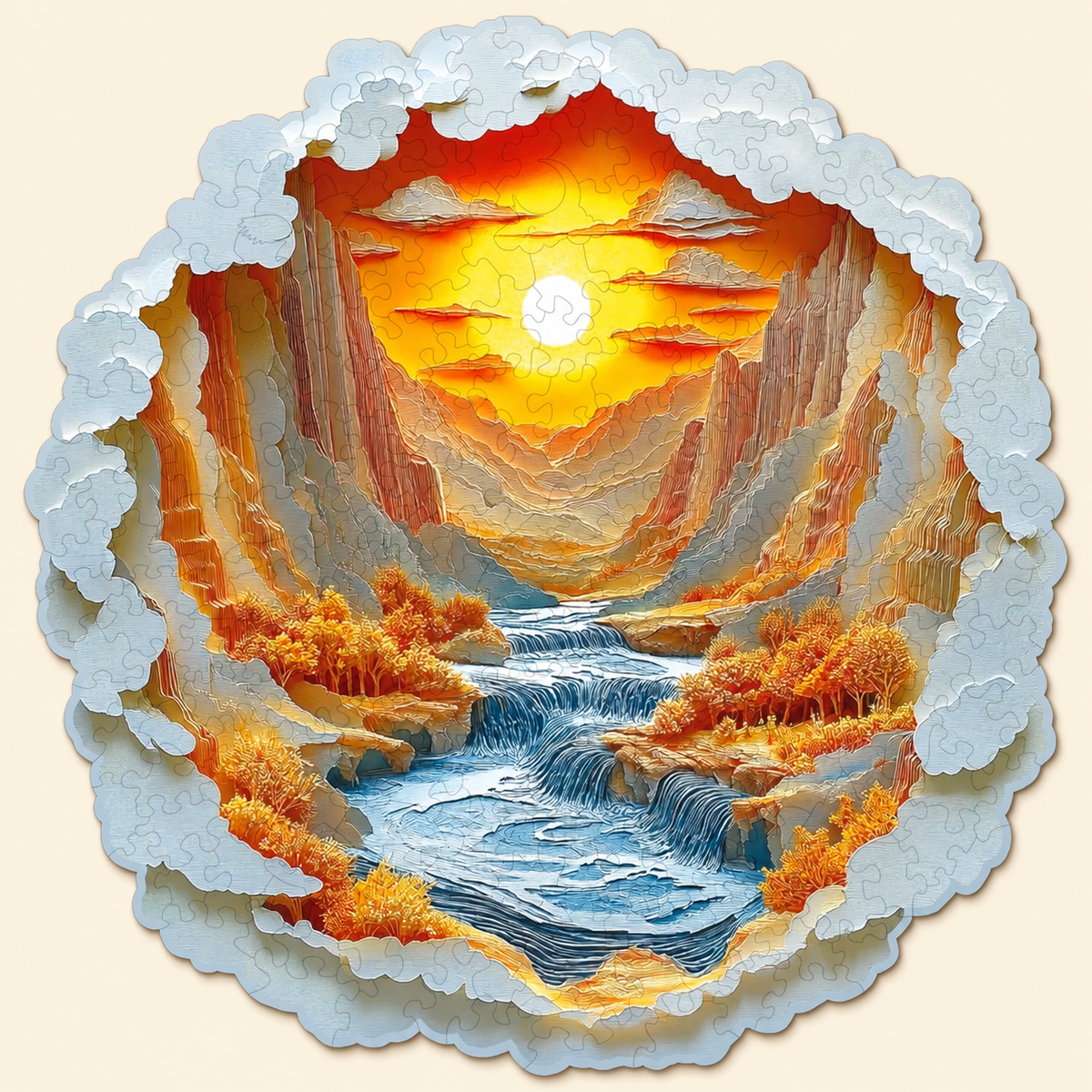 Sunset Canyon Cascades Wooden Jigsaw Puzzle with 3D Visual Effect