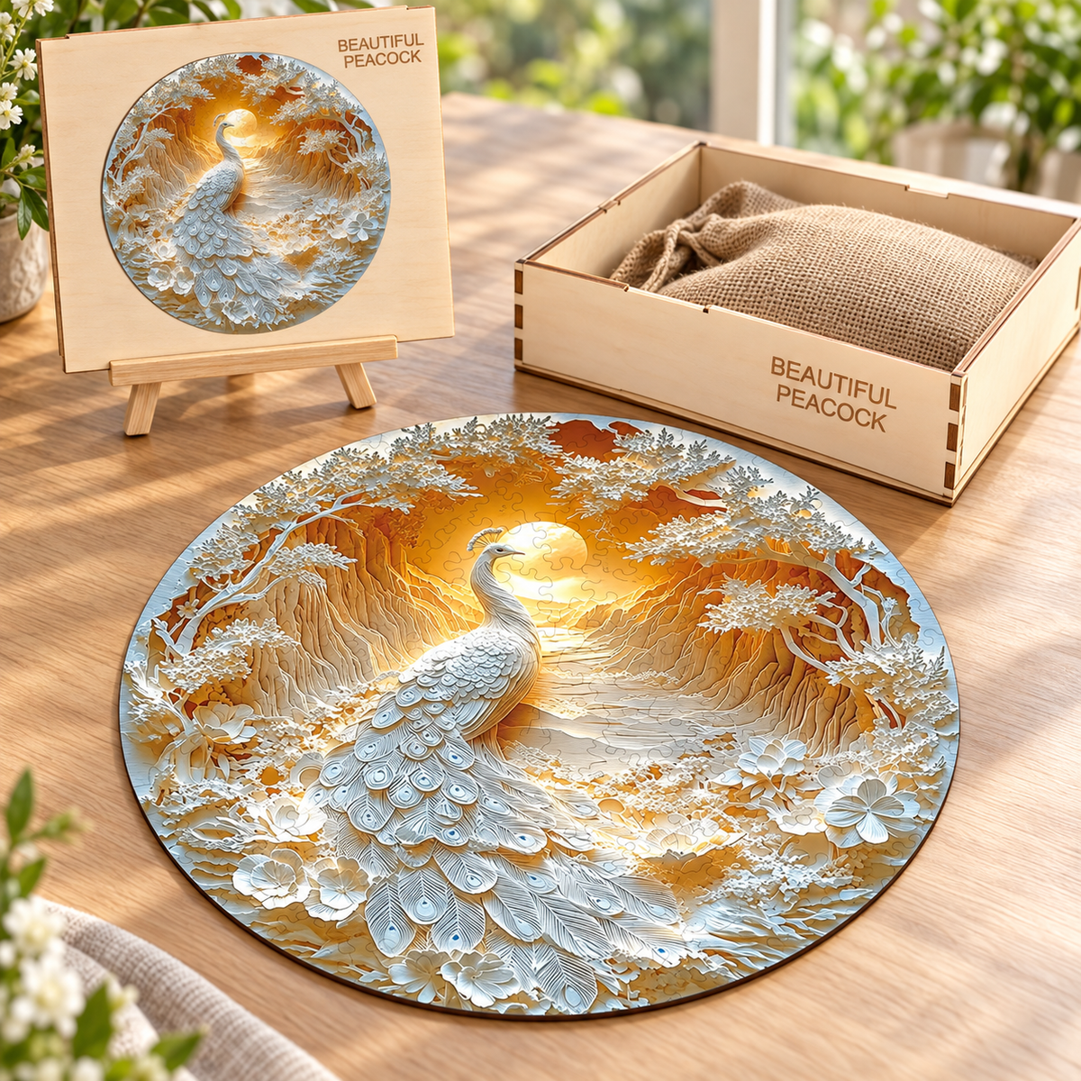 Golden Dawn Peacock Wooden Jigsaw Puzzle – White Feather & Floral Landscape Art