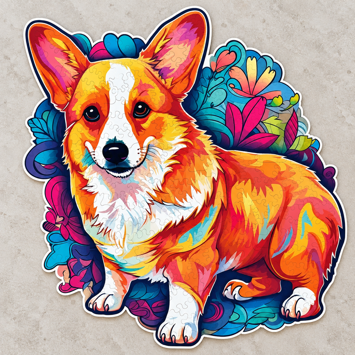 Colorful Corgi Garden Wooden Jigsaw Puzzle – Cheerful Dog & Floral Art