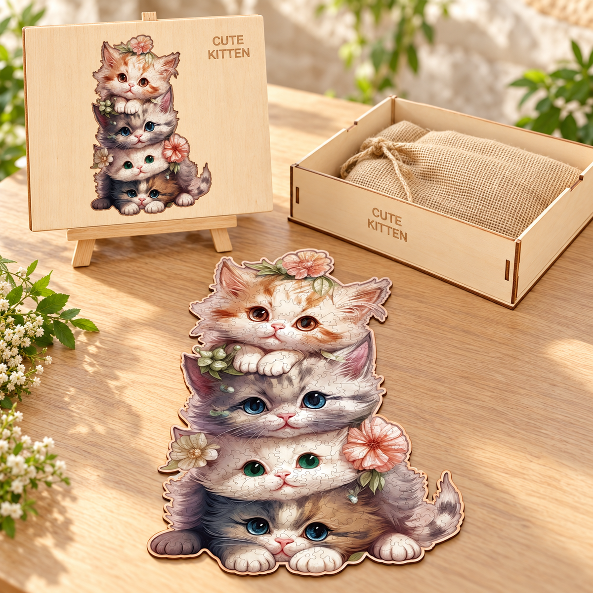 Blossom Kitten Stack Wooden Jigsaw Puzzle – Four Cats & Floral Art