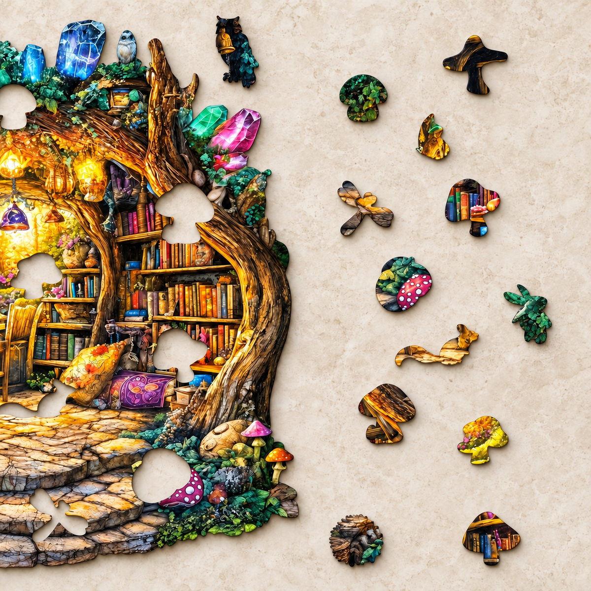 Enchanted Treehouse Library Wooden Jigsaw Puzzle – Woodland Books & Crystal Art