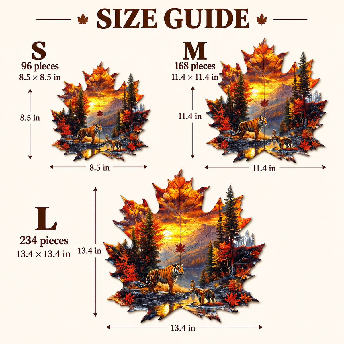 Autumn Tiger Haven Wooden Jigsaw Puzzle – Maple Leaf Shaped Wildlife Art