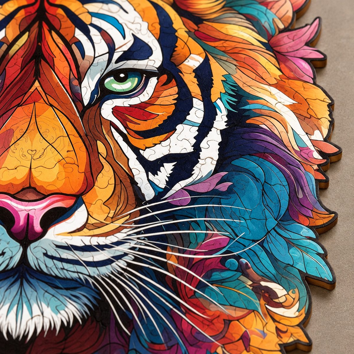 Wild Majesty Tiger Wooden Jigsaw Puzzle – Colorful Feline Portrait