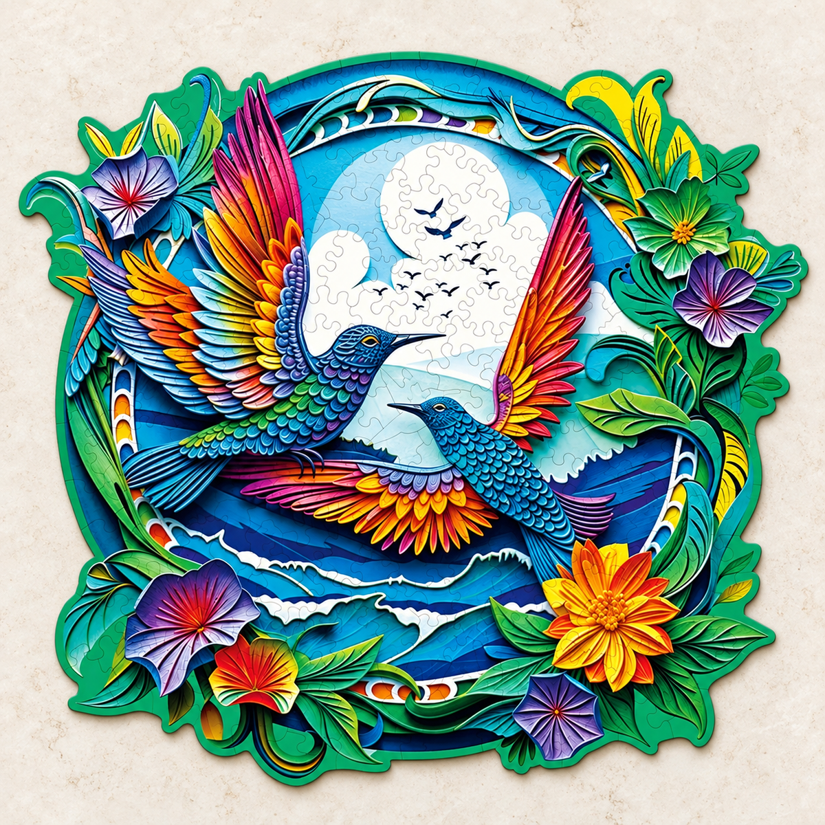 Rainbow Wings Wooden Jigsaw Puzzle – Hummingbird Duo & Floral Garden Art