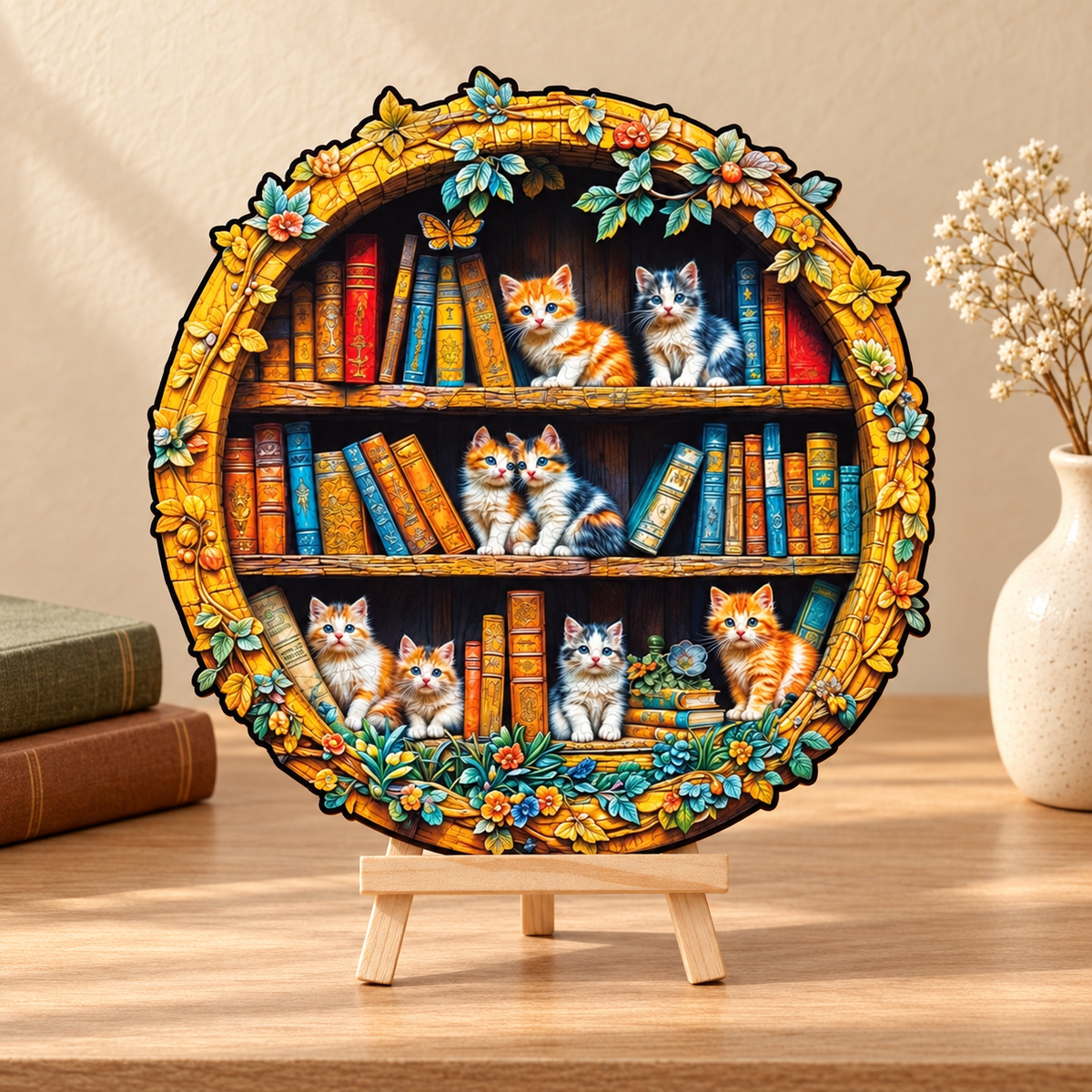 Cozy Bookshelf Kittens Wooden Jigsaw Puzzle with 3D Visual Effect