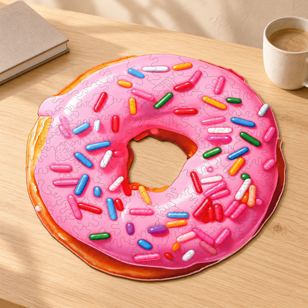 Pink Sprinkle Doughnut Wooden Jigsaw Puzzle – Sweet Treat Food Art