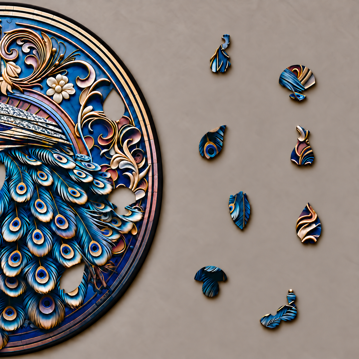 Gilded Plumage Wooden Jigsaw Puzzle – Vintage Peacock & Ornate Floral Art