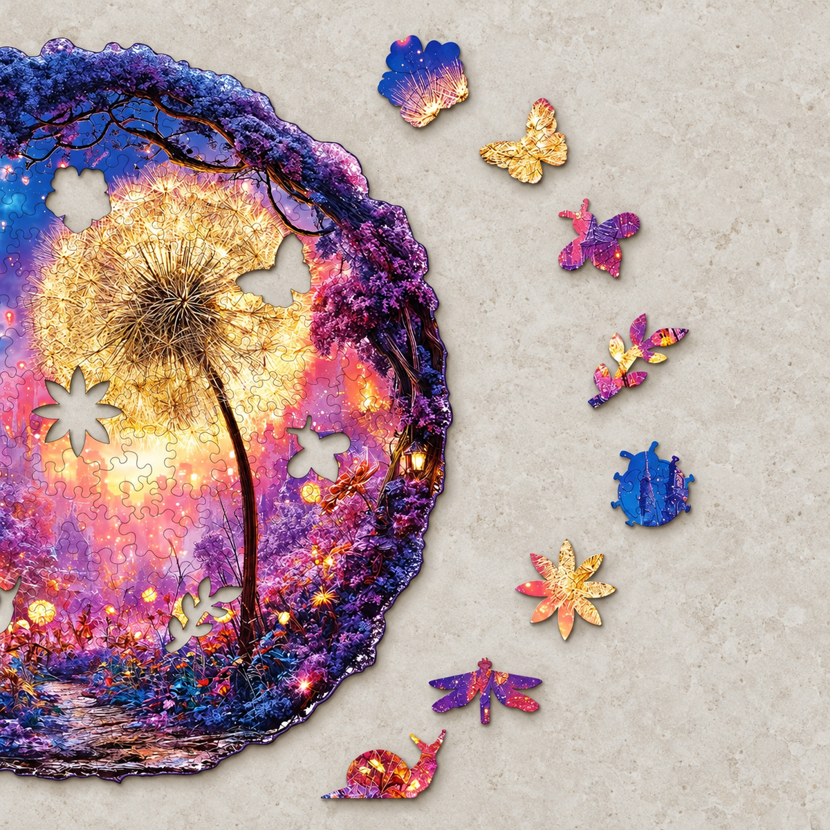 Golden Wish Garden Wooden Jigsaw Puzzle – Glowing Dandelion & Enchanted Castle Art