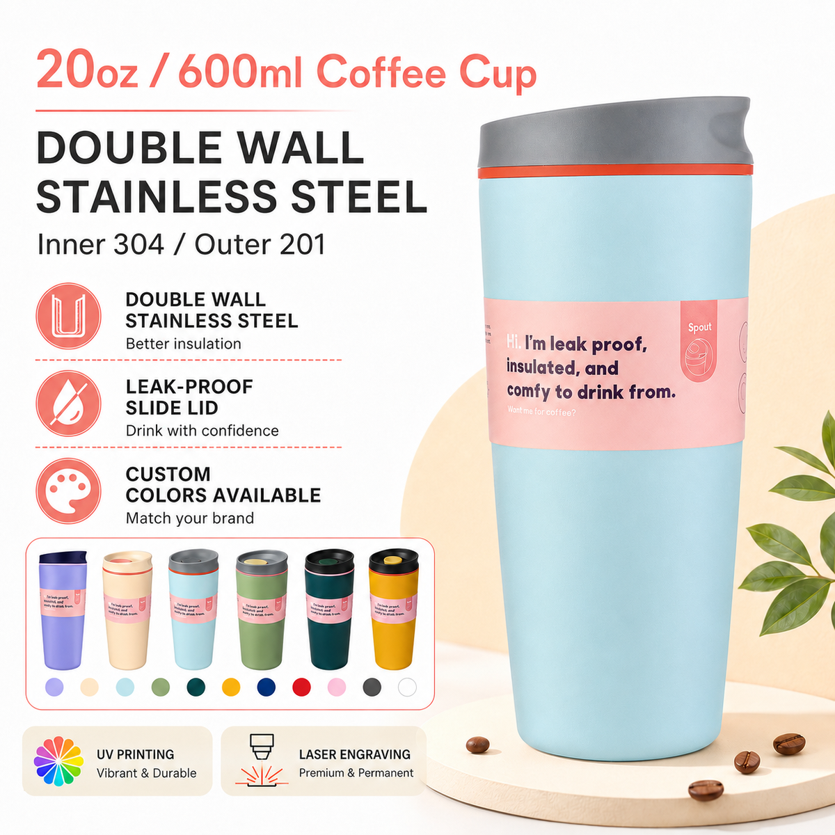 20oz Insulated Stainless Steel Coffee Tumbler Custom Logo