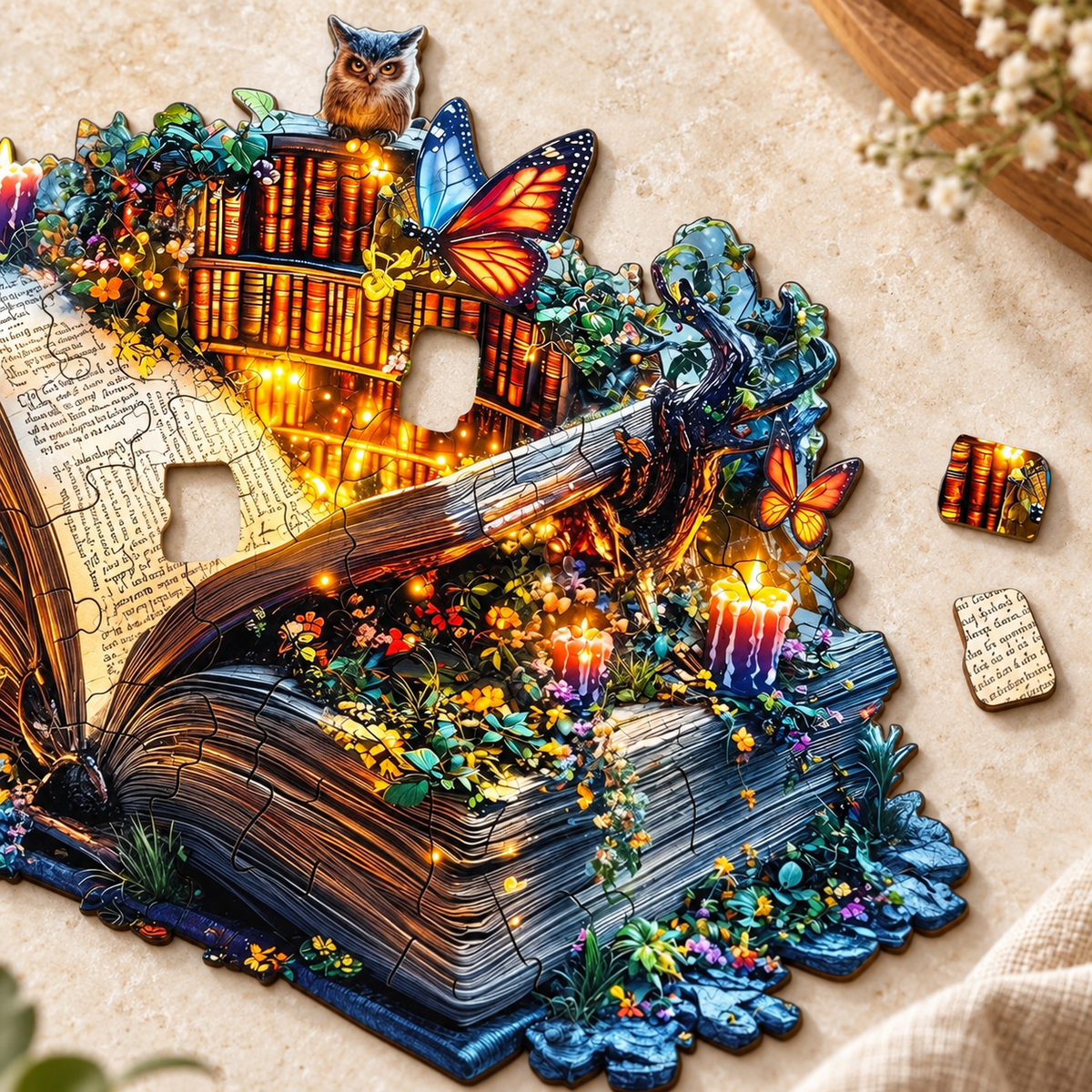 Enchanted Library Wooden Jigsaw Puzzle – Owl & Butterfly Book Art