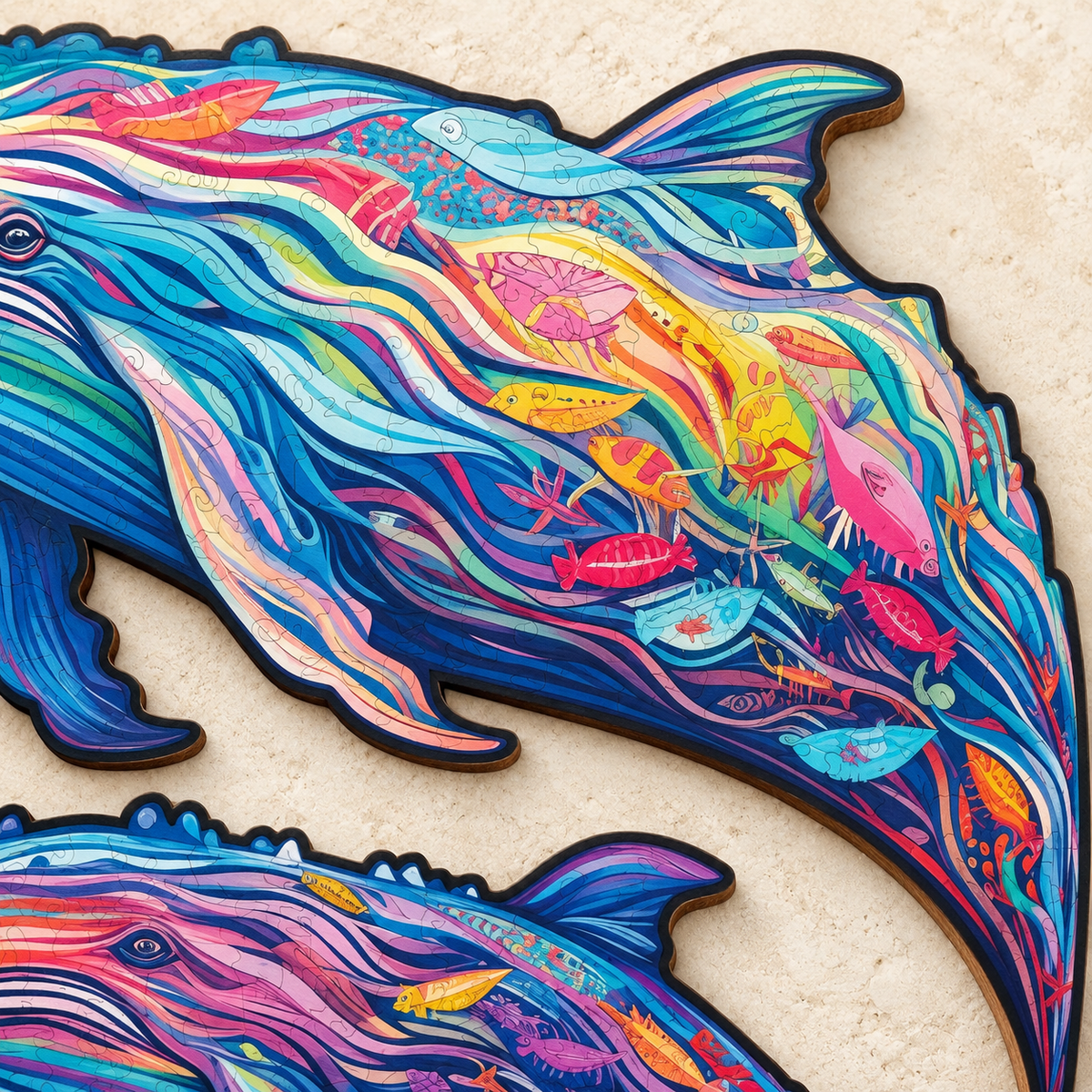Ocean Companions Wooden Jigsaw Puzzle – Colorful Whale & Calf Duo