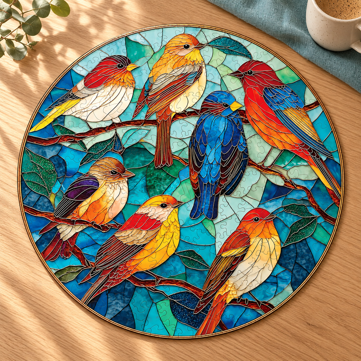 Songbirds in Color Wooden Jigsaw Puzzle – Round Stained Glass Style Bird Art